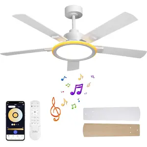 52" Ceiling Fans with Lights, Ceiling Fan with Speaker,6-Speeds DC Reversible Noiseless ,Full- Eye-Care Flush Mount Ceiling Fan with Light