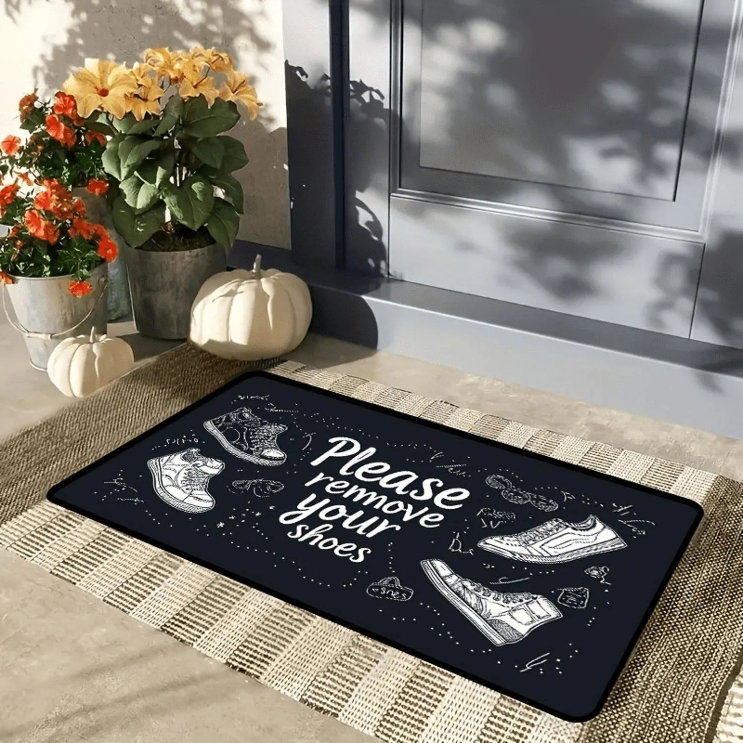 Non-slip welcome door mat with "Please take off your shoes" printed on it, machine washable, suitable for indoor and outdoor use, kitchen, living room, dining room, entryway, bedroom, courtyard decoration