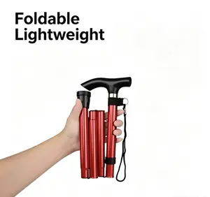 Adjustable Foldable Lightweight Aluminum T-Handle Walking Cane - Anti-Slip Folding Stick with Hand-Carved Beech Wood Handle, Carabiner for Seniors, Camping & Hiking