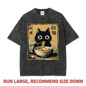 Japanese Ramen Black Cat Kawaii Graphic Heavyweight Boxy Fit T-Shirt Vintage Washed Oversized Tee Anime Aesthetic