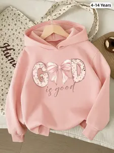 Girls' Fashion Hooded Sweatshirt with Bow Print, Long Sleeve Fitted Casual Top, Geometric Pattern, graphic casual hoodie, Fall & Winter Wear Young Girl Bow Decor Hoodie Sweatshirt