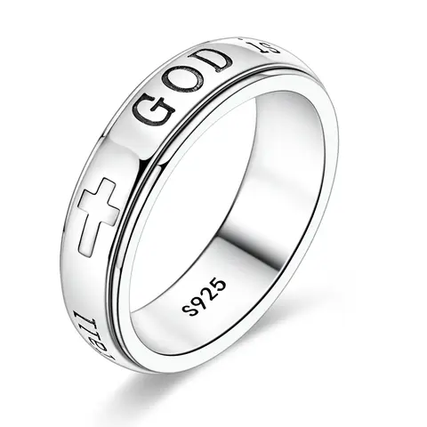 MULA Women's 925 Silver-Plated Spinner Ring, Christian Fidget Jewelry with Engraved Psalm 46:5 Verse and Holy Cross for Anxiety Relief, Inspirational Message Gift for Resilience, Strength, Gift Of Encouragement, Calming Spinner
