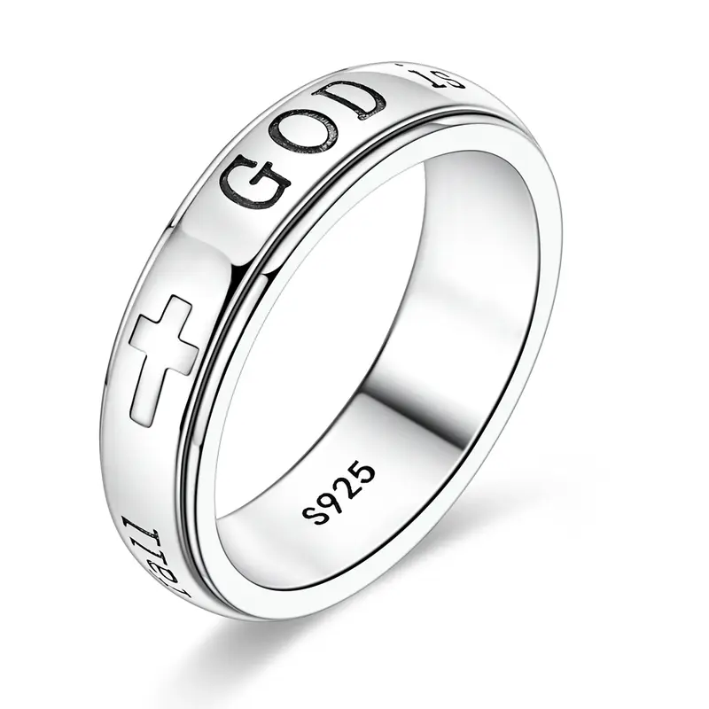 MULA Women's 925 Silver-Plated Spinner Ring, Christian Fidget Jewelry with Engraved Psalm 46:5 Verse and Holy Cross for Anxiety Relief, Inspirational Message Gift for Resilience, Strength, Gift Of Encouragement, Calming Spinner