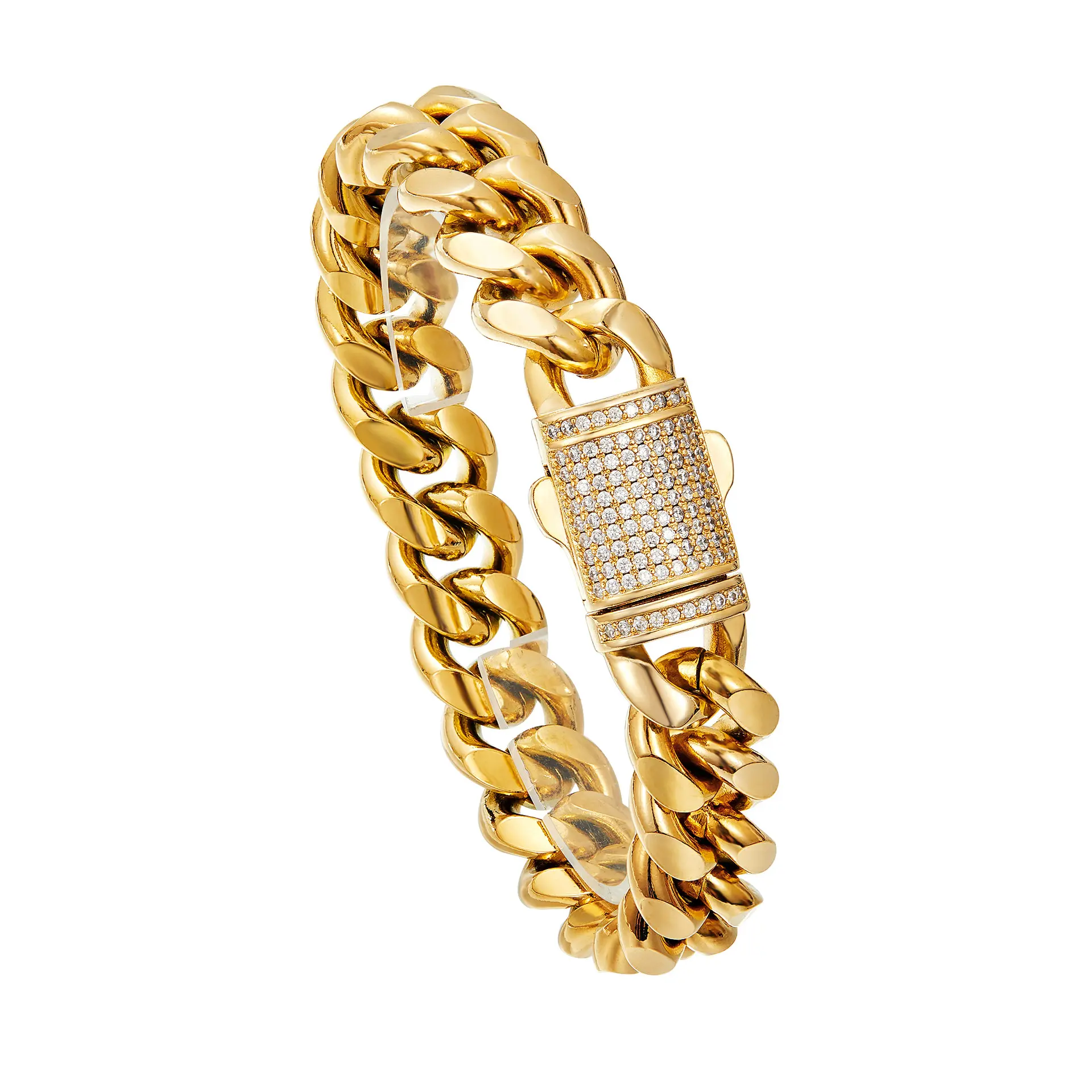 14K Gold Plated Secure Cuban Link Bracelet with Ear-Shape Diamond Clasp - Polished Chunky Curb Chain, Multiple Size Options, Extra Thick Long-Lasting Shine Sturdy Hip Hop Wrist Jewelry for Men