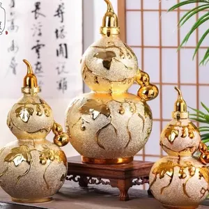 Frosted Gourd Wine Bottle, Retro Ceramic Wine Jar for 1/3/5 Jin Liquor, Vintage Golden Porcelain Flask