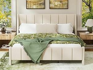 Yechen Boucle Wingback Full Bed Frame, Ivory Upholstered Platform Bed with Enclosed Footboard | Vertical Channel Tufting | Easy Assembly & Noise-Free | No Box Spring Needed
