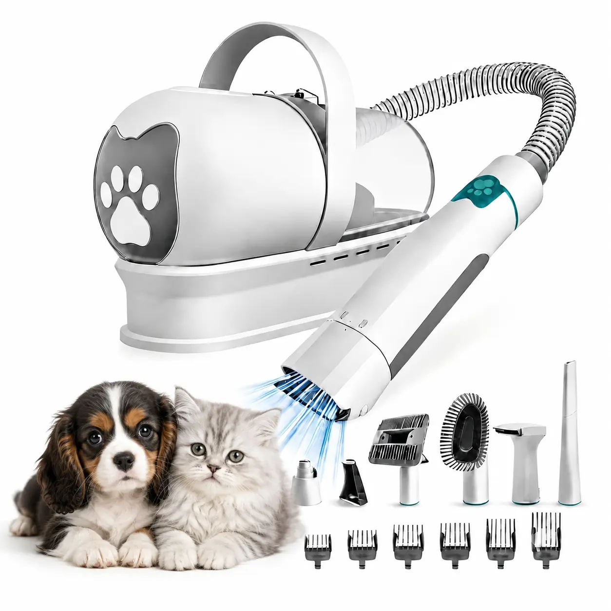 Professional Pet Salon Grooming Kit with Vacuum, Dog Hair Clipper, Paw Shear, Nail Polisher & 6 Trimming Combs for Cats Dogs