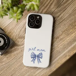 For IPhone 17 Case, Blue Gingham Bow Aesthetic, Minimalist Coquette Motherhood Gift Cover for IPhone 16 15 14 13 12 11 Pro Max Plus