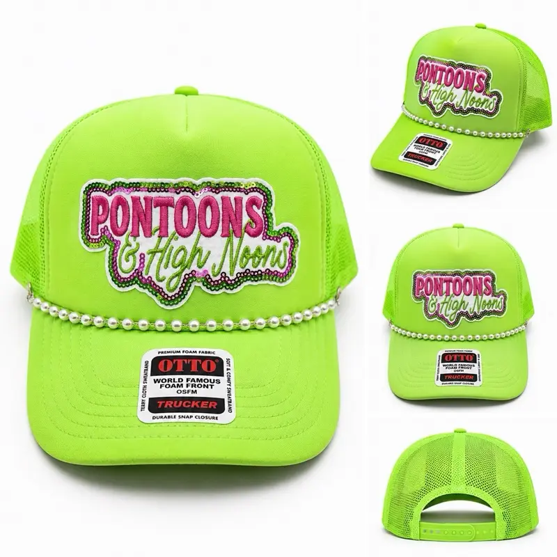 Otto Brand "Pontoons & High Noons" Trucker Hat for Men Women Lake Boat Cap with Bling Pearl Beads Pink Foam Front