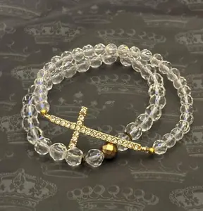 Clear Cross Set Glass Beads Clear Glass Bracelet with Cross Charm and Beads