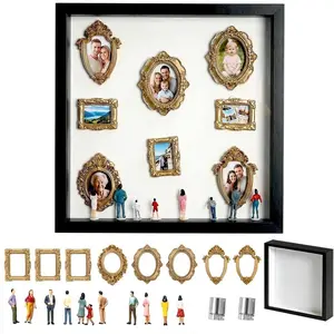 DIY Shadow Box Kit for Personalized Memories, Custom Memory Display with Mini Figurines and Gold Frames, Creative Home Decor Gift for Wedding Anniversary & Family Photos (Black,Without Lights)