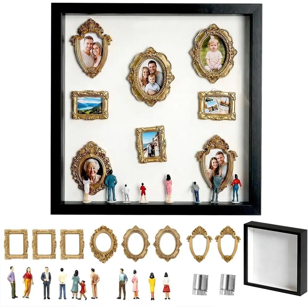 Wood DIY Shadow Box Kit - Personalized Memory Display with Mini Figurines, Gold Frames, Black Finish, No Lights - Creative Home Decor Gift for Wedding Anniversary Photos