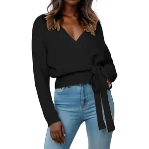 Casual V Neck Wrap Sweater Pullovers Lightweight Ribbed Drop Shoulder Knitted Tops