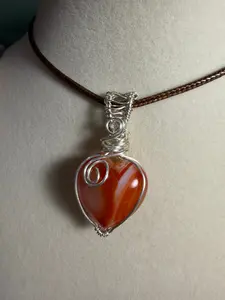 Carnelian heart silver-tone copper wire-wrapped pendant
