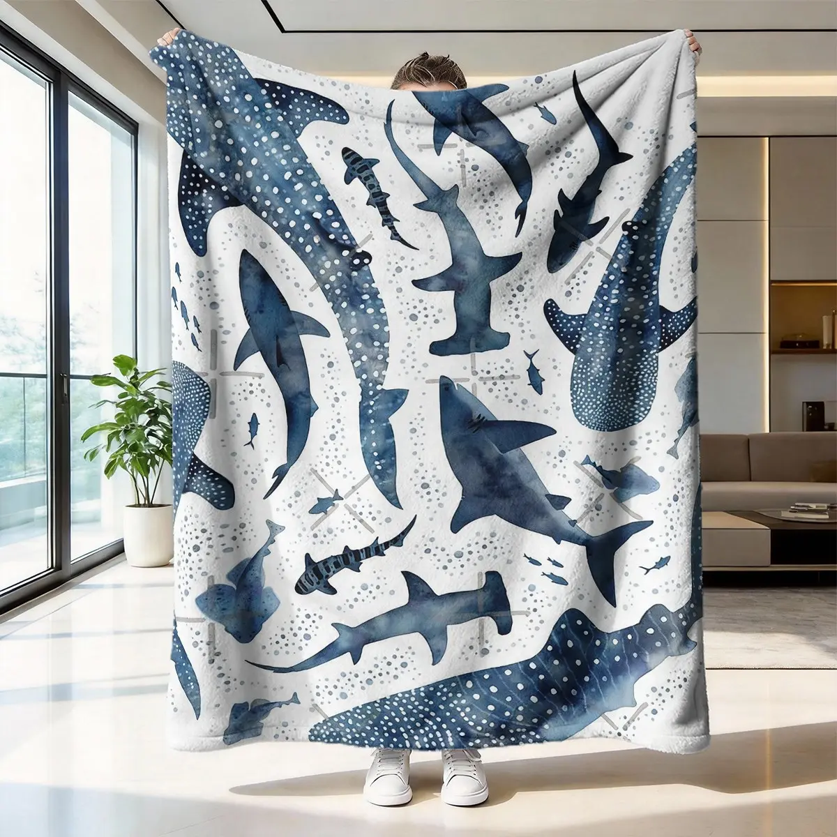 Ocean Shark Blanket, Soft Flannel Fabric, Warm and Durable, Ideal Gift for Marine Enthusiasts, Cozy Reading Throw, Bedroom Decor, Decorative Giftable Blankets, Machine Washable Blanket