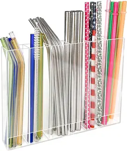 Acrylic Straw Holder Organizer for Cabinet Door | 6 Compartment Clear Straw Dispenser Holds 50+ Straws | Kitchen Straw Storage Wall Mounted