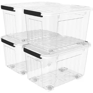 Lidded Storage Bin Stackable Storage Box Organizing Container with Lid and Snap Lock, Durable, Plastic, Clear, 85 quart, Pack of 4