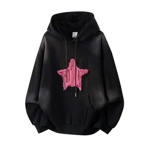Retro Star Patches Embroidered Hooded Sweatshirt, High-Street Heavyweight Washed Pullover Hoodie, Fashionable Trendy Versatile Spring New Arrival Unisex Y2K