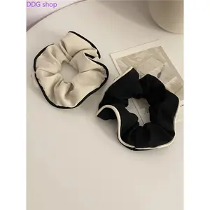 2-Pack Black White Contrast Trim Scrunchies Minimalist Solid Color Hair Ties Elastic Ponytail Holders Fashion Casual Hair Accessories for Women Girls Daily Styling Office School Use