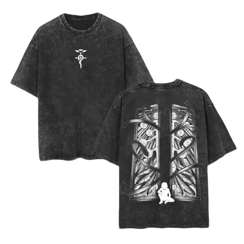 Vintage Fullmetal Alchemist Anime T-Shirt Unisex Oversized Washed Heavyweight Cotton Graphic Tee Retro Double Printed Gatekeeper Manga Y2K Streetwear Harajuku FMA Brotherhood Merch TikTok Finds Otaku Gift Acid Wash Gym Top Aesthetic