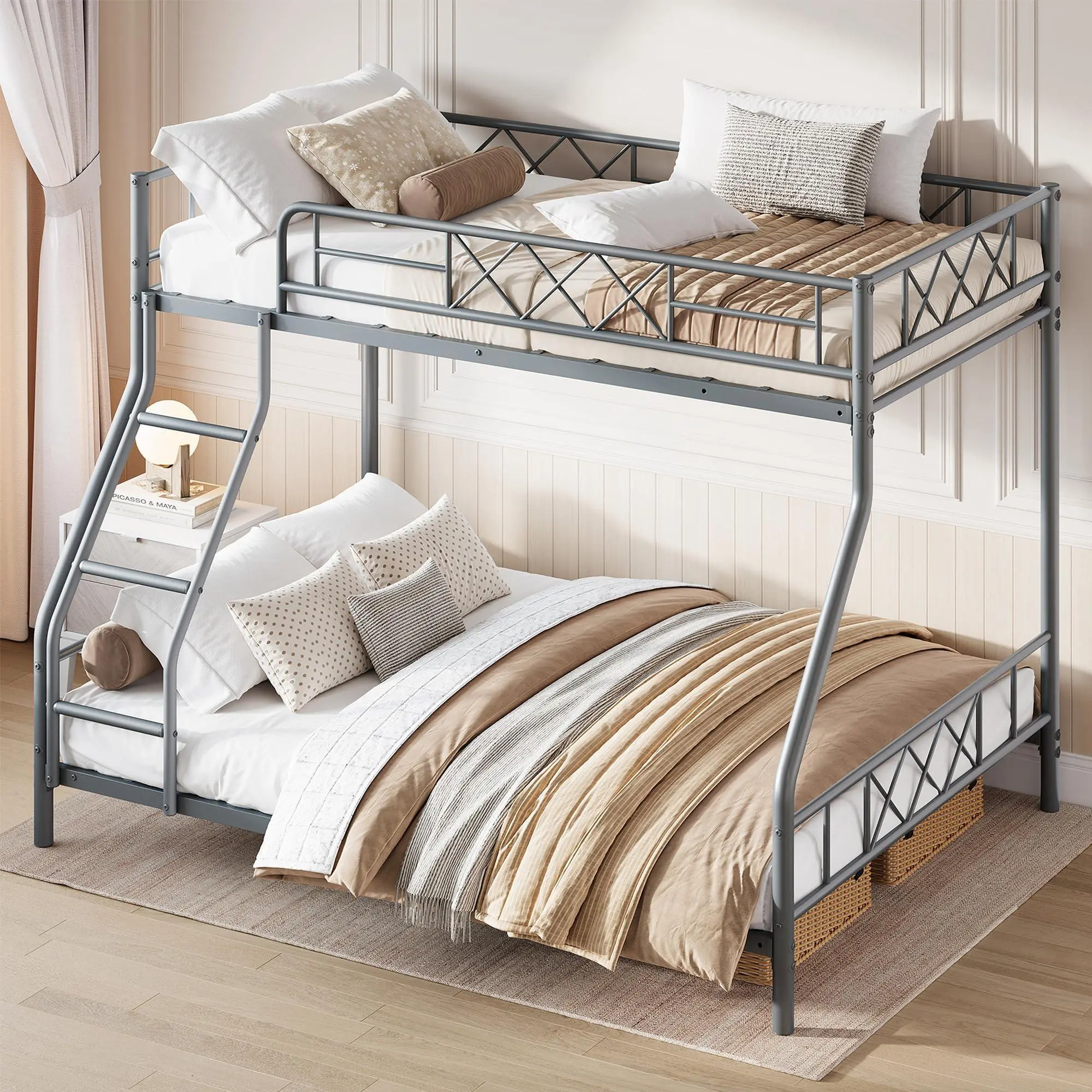 Twin Over Full Metal Bunk Bed in Sand Textured Gray Steel Frame with 3-Side Guardrail and Ladder Space Saving No Box Spring