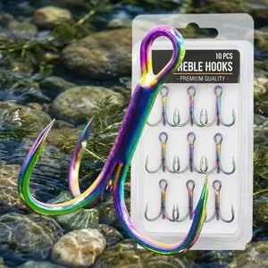 Rainbow-Coated Stainless Steel Treble Hook Set (4,6,8,10 Sizes) - 10-Pack Anti-Corrosion Fishing Hooks with Triple Barbs & Sharp Anchor Point for Bass, Trout - Freshwater & Saltwater Fishing Gear