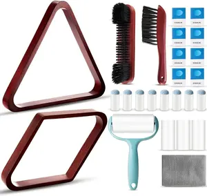 22 count Pool Table Brush Set Wooden Billiard Rack 8 or 9 Ball Triangle  for 2-1/4" Pool Ball with Polish Cloth Sticky Lint Roller Cue Chalk Cube Accessories