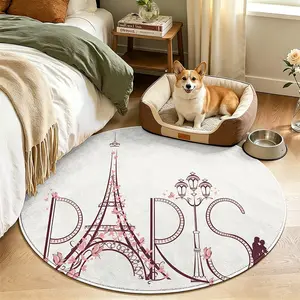 Paris Text Print Mat, Clear Pattern Round Woolen Rug, Dense Tufted Surface, Easy Shedding, Home Decor for Living Room Bedroom Pet