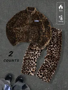Unisex Y2K Style Fleece Leopard Print Jacket & Pants Set, Fall Winter Warm Streetwear, High Street Culture, Men's Gift, Couple