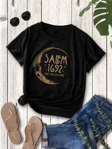 Women's "Salem 1692" Print T-Shirt, Casual Crew Neck Short Sleeve Tee for Daily Outdoor Wear, Women's Top, Trendy and Casual, Halloween Womenswear