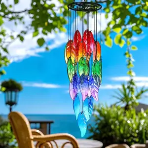Handcrafted Stained Glass Leaf Wind Chime, Rainbow Leaf Forest Design, Durable Outdoor Decoration for Gardens, Patios, Pools - No Power Required