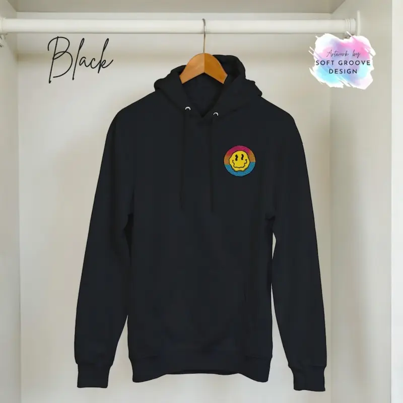 Women's trippy smiley face design with a psychedelic patch Graphic Hoodie - Cotton Blend Long Sleeve Pullover Regular Fit | Soft & Breathable Fabric, Durable Print, Everyday Comfort, Machine Washable, psychedelic and retro casual wear displayed in a