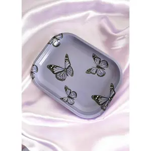 Mini Butterfly Rolling & Trinket Tray in Lavender Monarch Print for Child - 7"x5" Metal Catchall Tray for Keys Jewelry & Small Items - Stylish Dinnerware & Everyday Use
