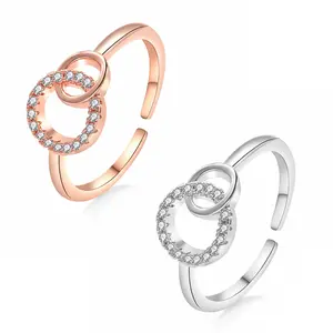 2PCS Silver Interlocking 2 Circles Ring for Women Perfect Gift for Big & Little Sisters Birthday Christmas Presents