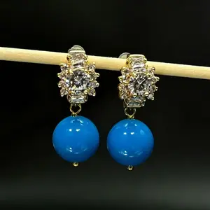 Shiny Zircon Dangle Earrings With Round Bright Blue Turquoise Beads Gold Plated Jewelry For Women