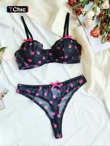Women's Ditsy Floral Print Underwire Bra & Bow Decor Panty Two-piece Set, Adjustable Strap Push Up Bra & Knicker, Lingerie Set for Women Bra Sets