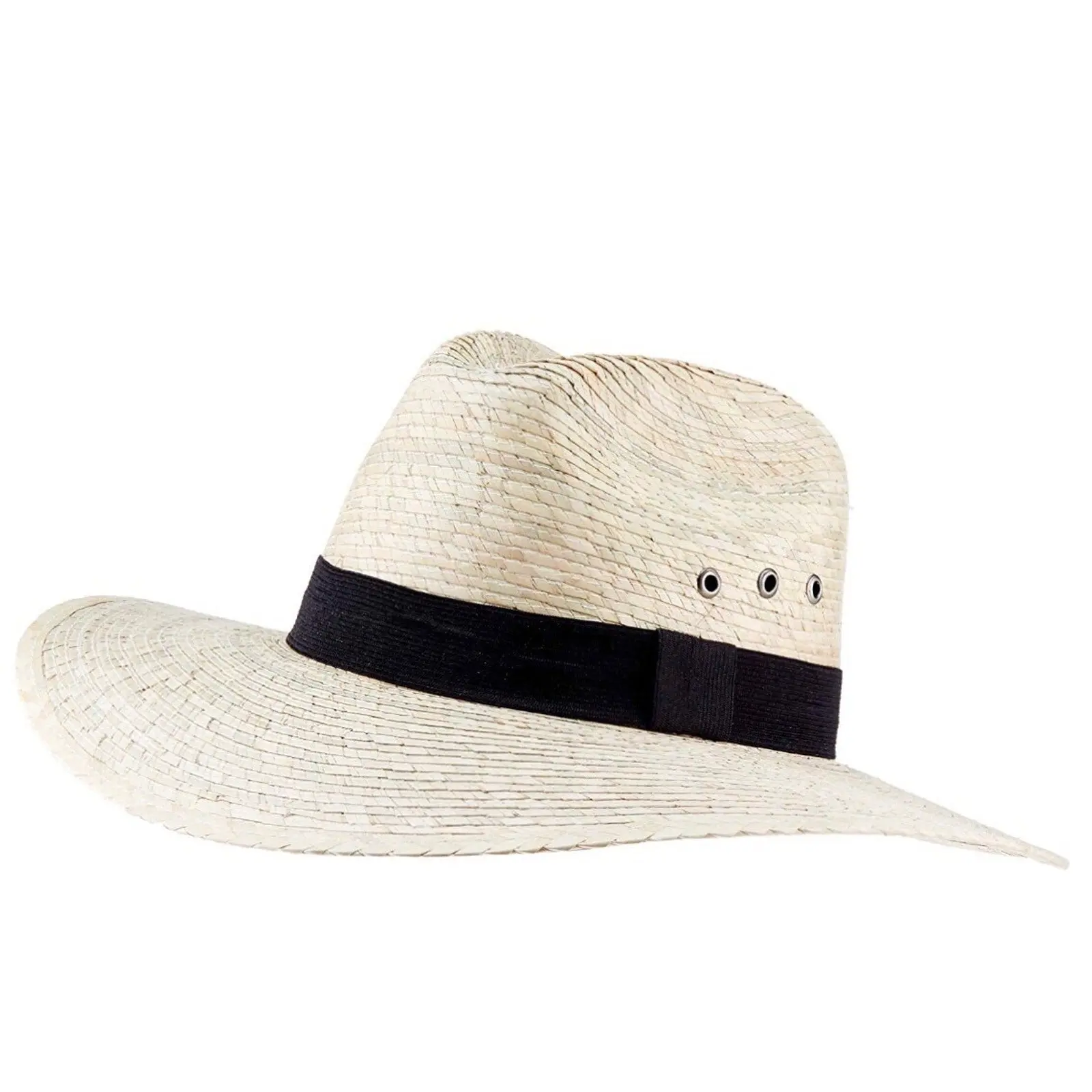 Mexican Palm Leaf Straw Indiana Wide Brim Hat, Light Tan w/Grommets