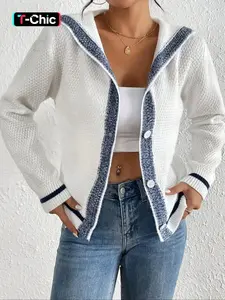 Women's Fashion Casual Striped Navy Collar Fitted Long Sleeve Knit Cardigan, Comfortable Layered Design for Spring & Fall Seasons, Stylish Daily Wear Knitwear