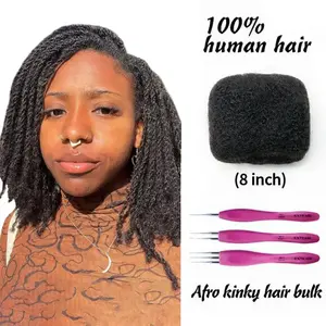 Exyhair 8 Inch Tight Afro Kinky Bulk 100% Human Hair for Dreadlocks Twisting & Braiding with Crochet Hook for Secure Styling