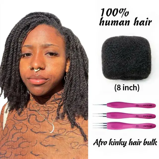 EXYHAIR 8-Inch Tight Afro Kinky Curly Bulk Human Hair Extensions, 100% Real Coily Hair for Dreadlocks and Braiding, Crochet Hook Included