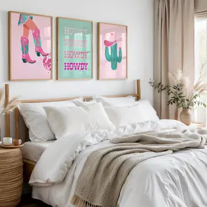 Pink Disco Cowgirl Print set of 3, Western Cowgirl Art, Trendy College Decor, Howdy Poster
