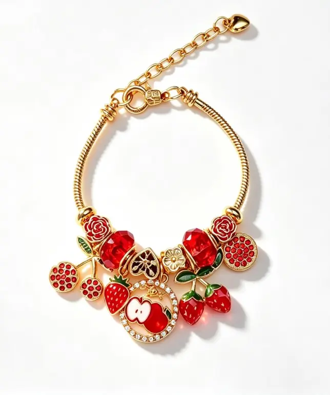 Women Cute Fruit Charm Bracelet, Gold Plated Adjustable Snake Chain Bangle with Strawberry Cherry Apple Red Crystal Enamel Pendants Sweet Fashion Jewelry Gift for Girls