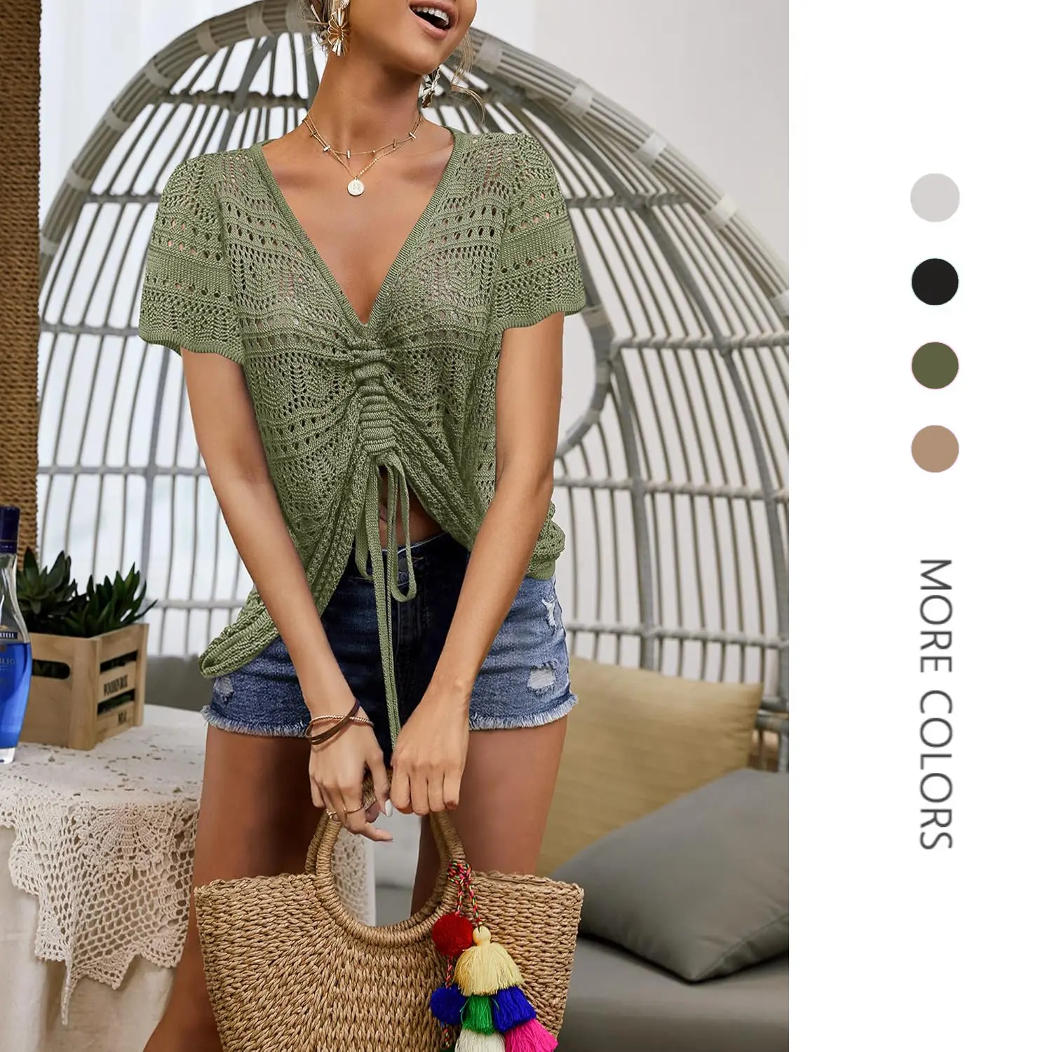 Danedvi Women's Oversized V-Neck Short-Sleeve Crochet Crop Pullover Top - Breathable, Comfortable, Lace-Accented, Adjustable, Flowy Bohemian Knitwear for Casual Summer Beach Wear