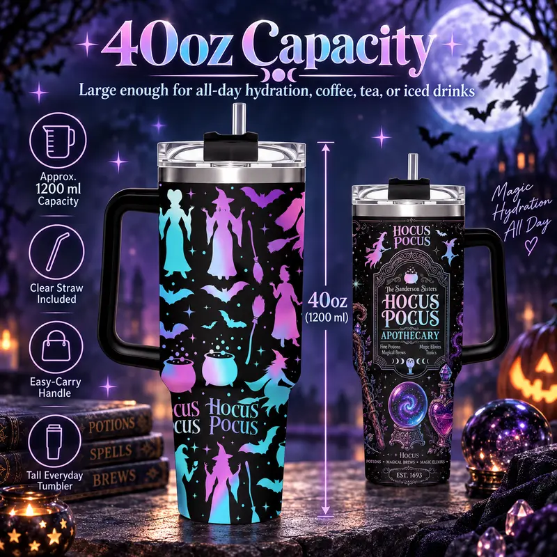Halloween Tumbler, Hocus Pocus Apothecary Tumbler with Handle, Sanderson Sisters Magic Potion Design Cup, Spooky Halloween Travel Mug, Halloween Gift, Witchy Aesthetic Gift, 40oz Stainless Steel Tumbler