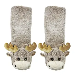 Women's Novelty Fuzzy Animal Non Slip Slipper Socks, Funny Warm Socks with Grippers, Moose Up, Size 5-10