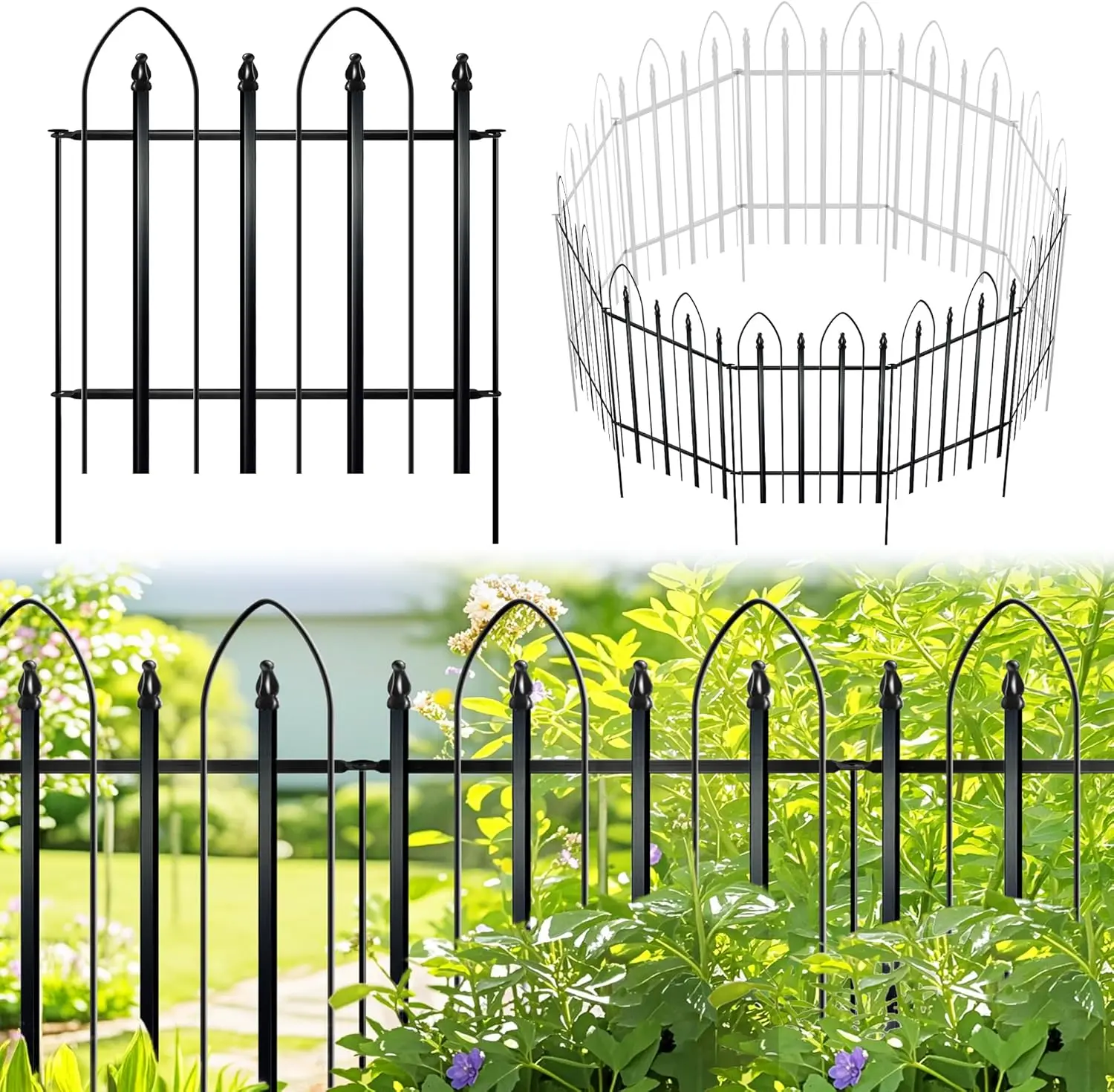 ARIFARO Garden Fence  Accessories 24" H x 24" W (5 Panels, Total 10 ft), Metal Fence Decorative Border Fence, Rustproof Landscape Fencing for Dog, Flower Bed, Yard, Patio, Animal Barrier