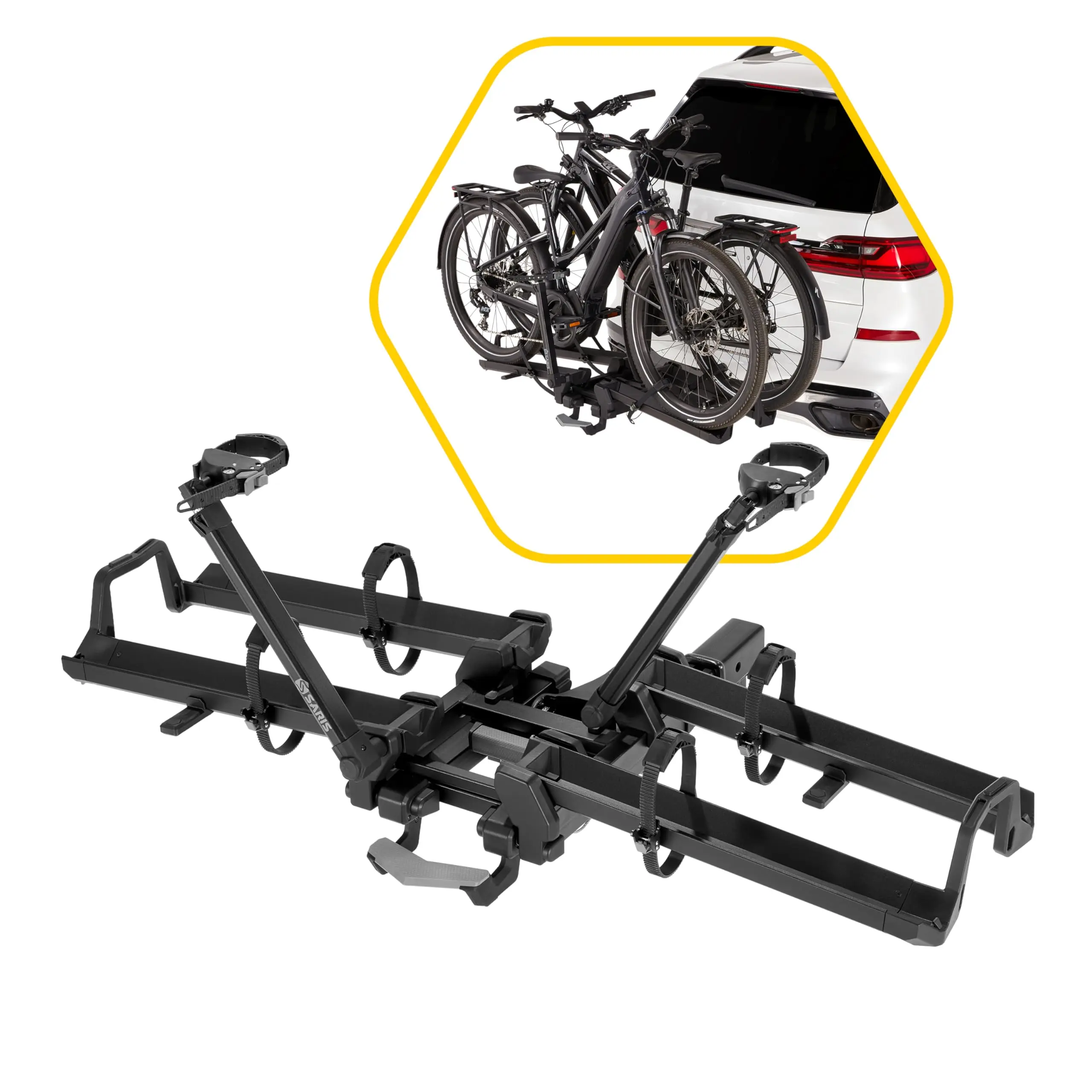 Saris Cycle-On Ebike Rack with Ramp & Wheels, Folds Flat - Hitch Mounted Bike Rack for 2 E Bikes 70 lb Each, Platform Electric Bike Carrier for Cars Trucks SUVs RVs, 1.25" & 2" Hitch Receiver