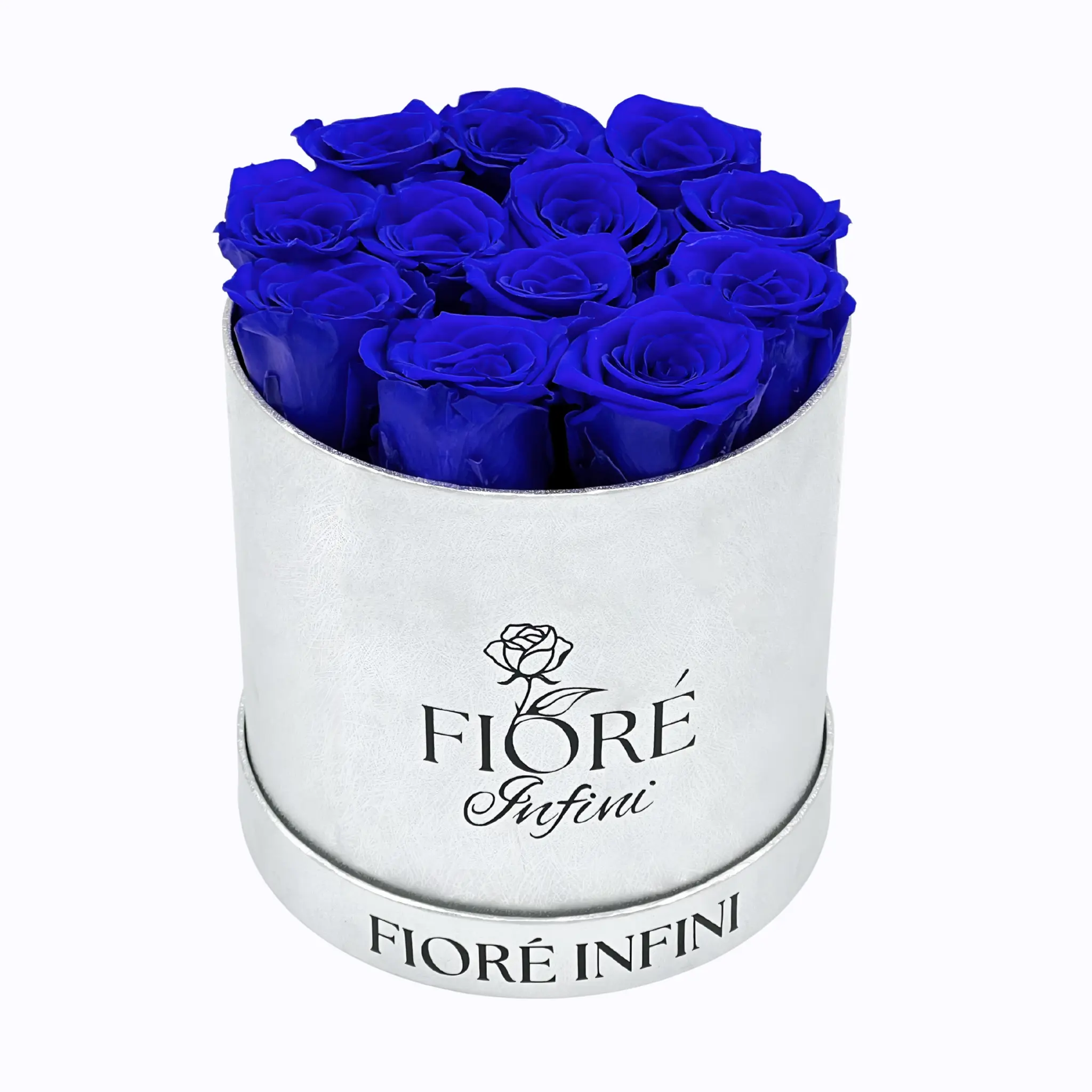 Royal Blue Forever Roses In A Round Silver Box