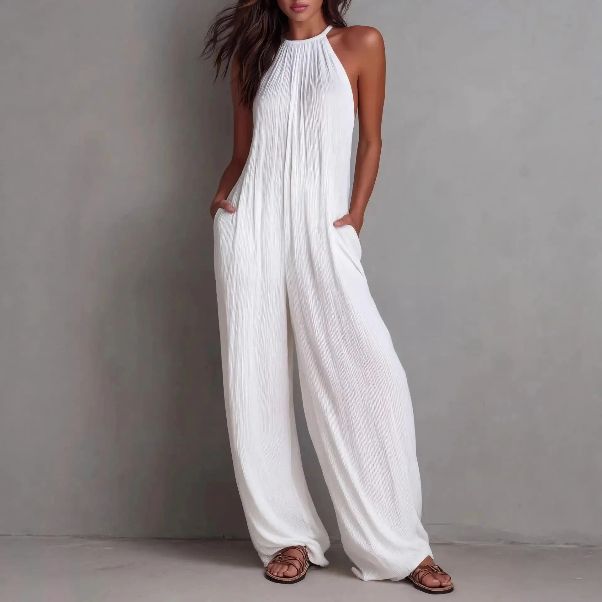 Summer Casual Outfits 2026 New Beach Vacation Jumpsuit Women Fashion Halter Sleeveless Textured Overalls Pocket Wide Leg Romper