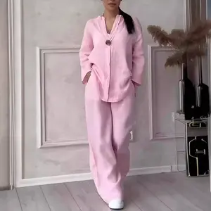 2025 Fashion European and American Women's Comfortable Loose Top Wide Leg Pants Casual Cotton Linen Set Womenswear Clothes